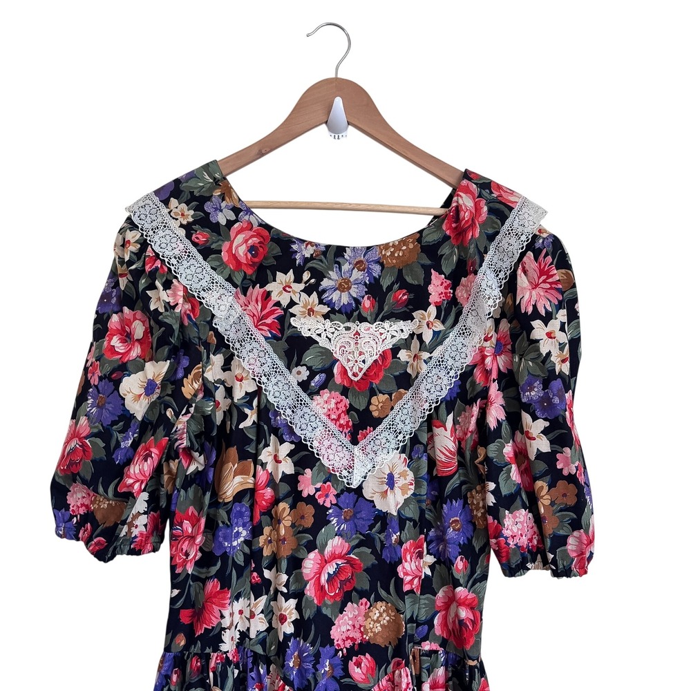 Glenfrey Vintage 80s Cottagecore Basque Waist Midi Dress Size 18 Floral Modest - Picture 6 of 11